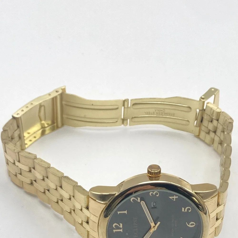 Eclipse Mens Watch 41mm Gold Tone Date Grey Dial 50M WR Classic New Battery 8